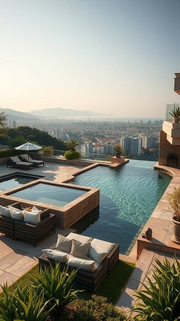 Luxuriöser Naturpool mit Blick auf die Stadt und gemütlichen Sitzgelegenheiten