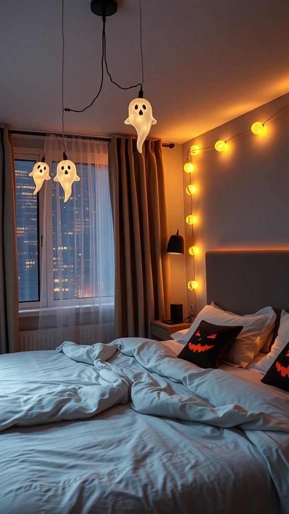 Ein Schlafzimmer mit gespenstischen Lichtern und Halloween-Dekoration