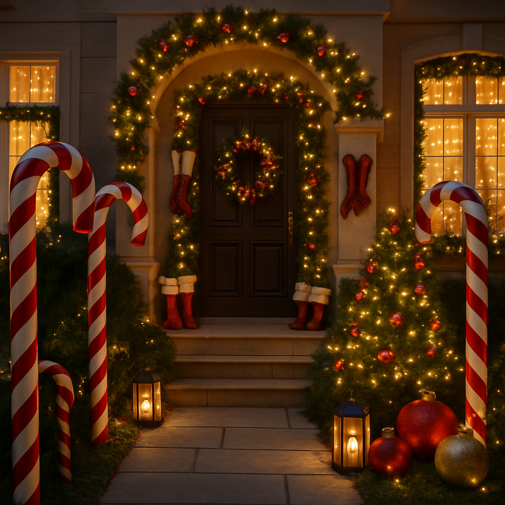 Giant candy canes lining a festive walkway decorated for Christmas