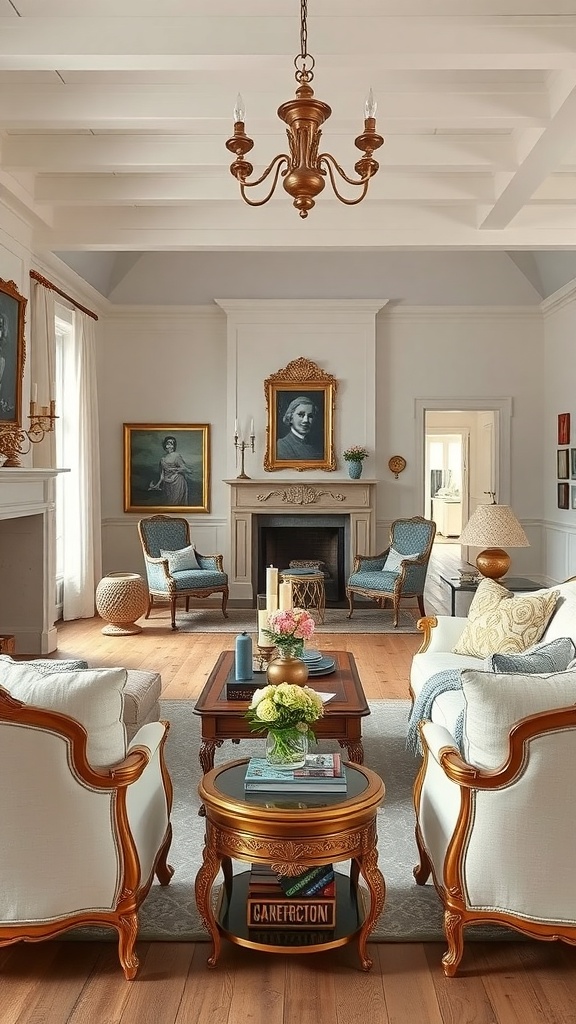 A stylish living room featuring gilded accents, elegant furniture, and soft lighting.