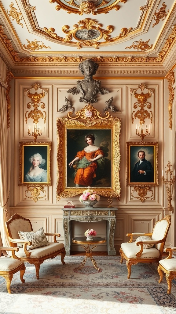 A beautifully decorated room featuring gilded artworks, ornate furniture, and elegant decor.