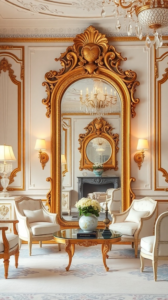 A luxurious room featuring a large gilded mirror, elegant seating, and decorative elements.