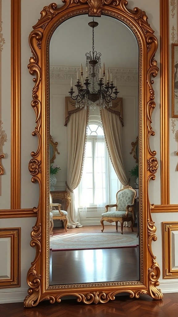 A large gilded mirror with an ornate frame reflecting a chandelier and elegant furniture in a vintage French-inspired room.