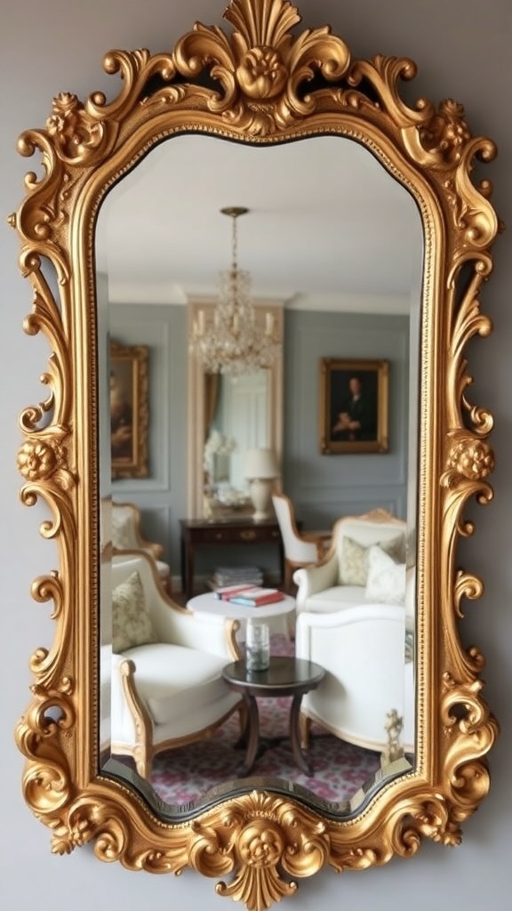 A gilded Rococo mirror with intricate floral designs reflecting a stylish interior.