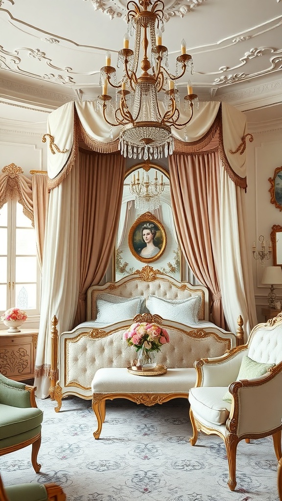 Glamorous bedroom with a canopy bed, elegant furnishings, and soft drapes.