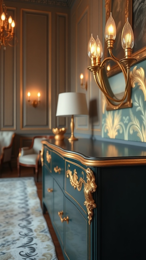 A stylish interior featuring a blue cabinet with gold leaf accents, elegant lighting, and a cozy atmosphere.