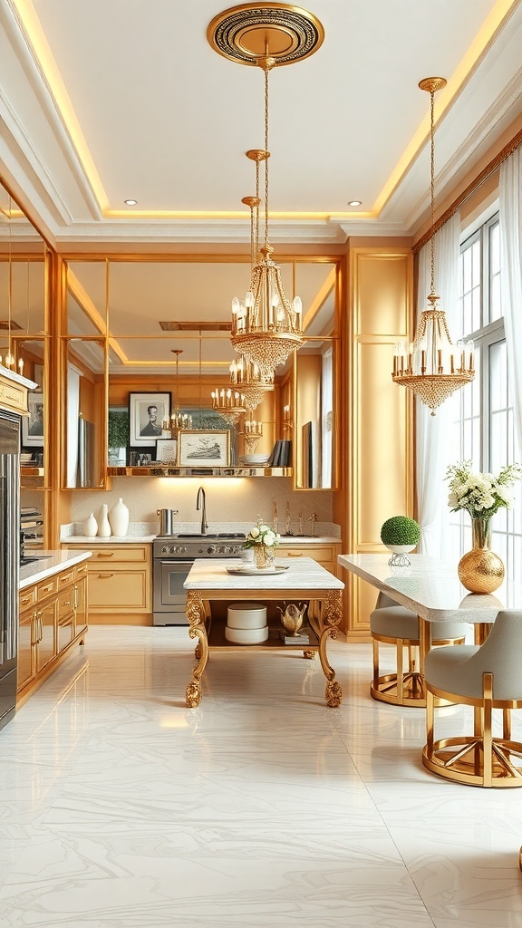 A luxurious kitchen with golden accents, elegant chandeliers, and a marble floor, showcasing Hollywood Regency style.