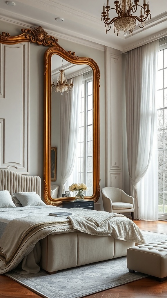 A luxurious bedroom featuring a large gold-framed mirror, elegant bedding, and a chandelier.