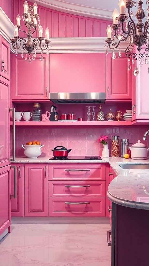 Modern pink kitchen with silver accents and elegant chandeliers
