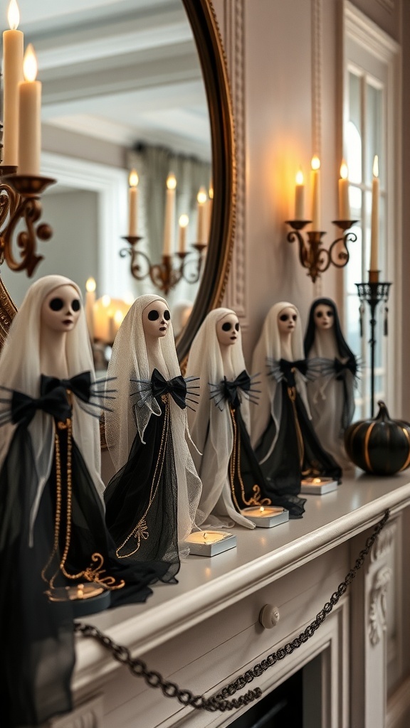 Glamouröse Geisterfiguren auf einem Kaminsims mit Kerzen und eleganter Dekoration