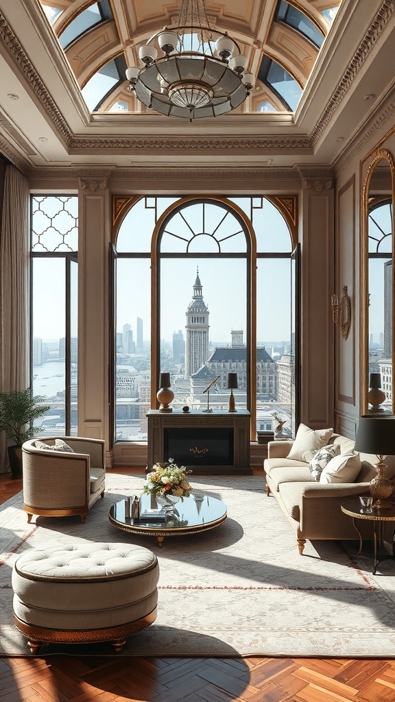 Ein eleganter Wohnbereich mit großen Fenstern und glamourösen Spiegeln, die Licht und Raum reflektieren.