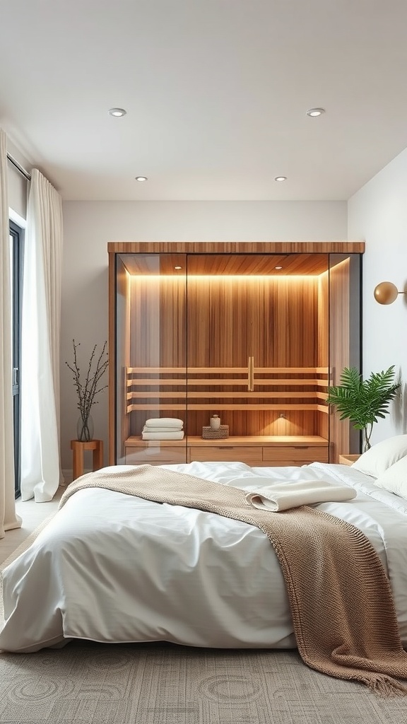 A modern bedroom featuring a glass-enclosed sauna with wooden accents, a cozy bed, and soft lighting.
