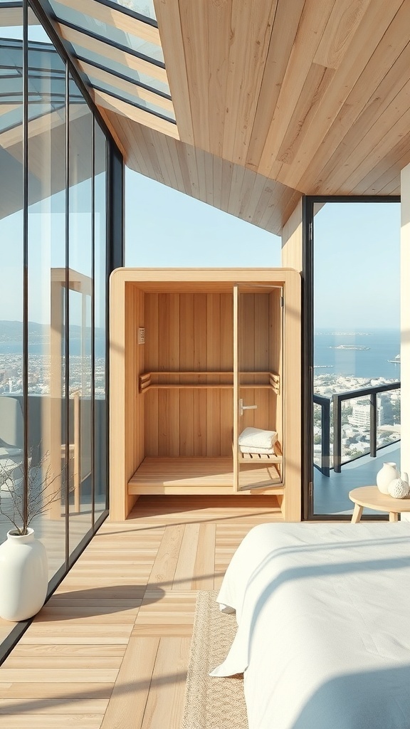 A modern glass-enclosed sauna with wooden interior and scenic views.