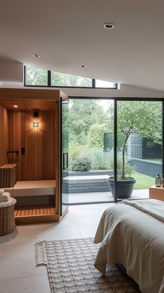 A modern glass-enclosed sauna next to a bedroom with views of greenery outside.