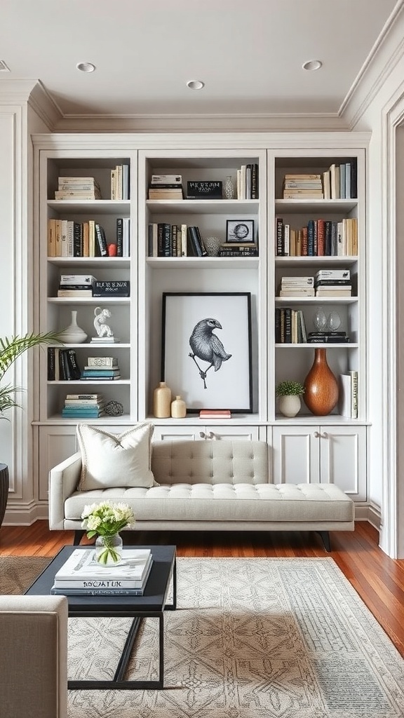 A living room featuring glass-front cabinets filled with books and decorative items, alongside a cozy sofa.