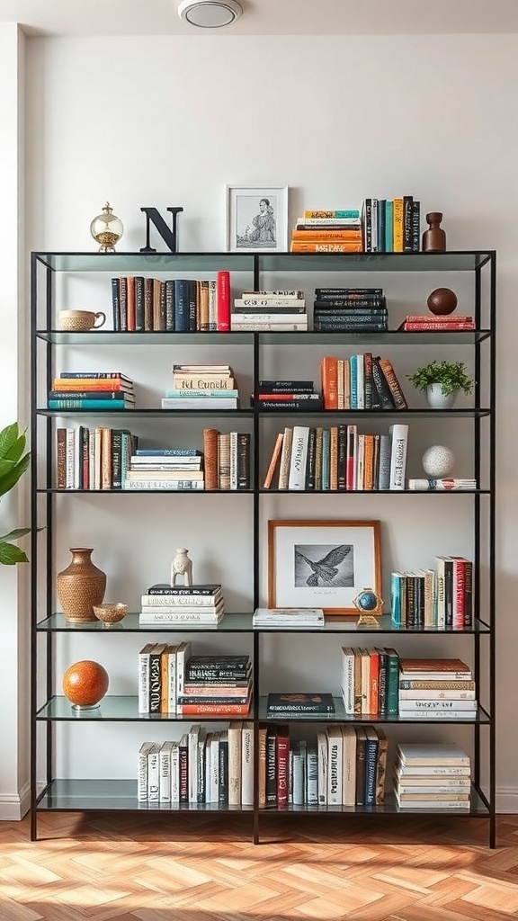 A stylish glass and metal bookshelf filled with books and decorative items.