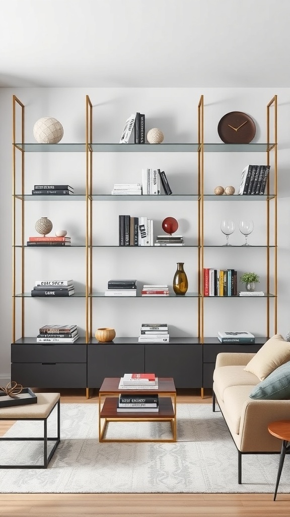 A modern glass and metal bookshelf with decorative items and books in a living room setting.