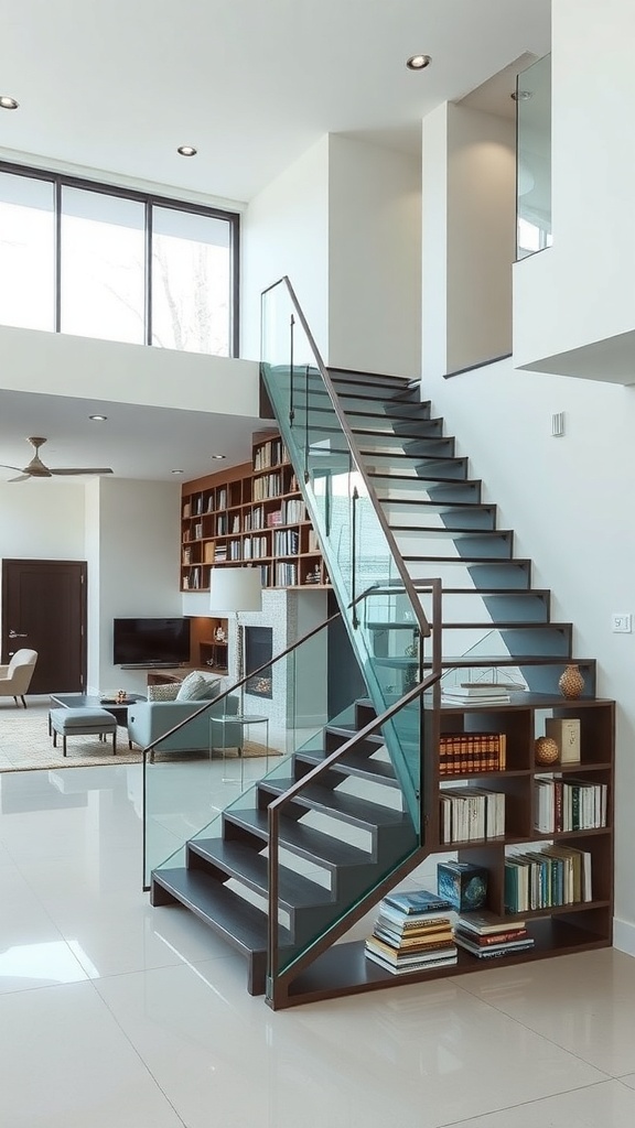 A modern glass and steel staircase with an integrated bookshelf, showcasing a stylish and functional design.