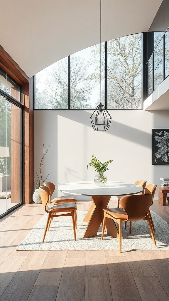 A bright dining area featuring a round table with wooden chairs, large glass windows, and a minimalist design.