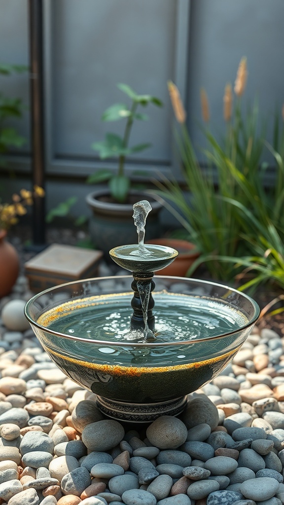 A glass bowl fountain surrounded by pebbles and plants in a garden setting.