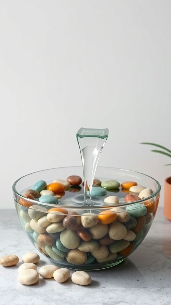 A glass bowl water feature with colorful pebbles and a gentle water flow