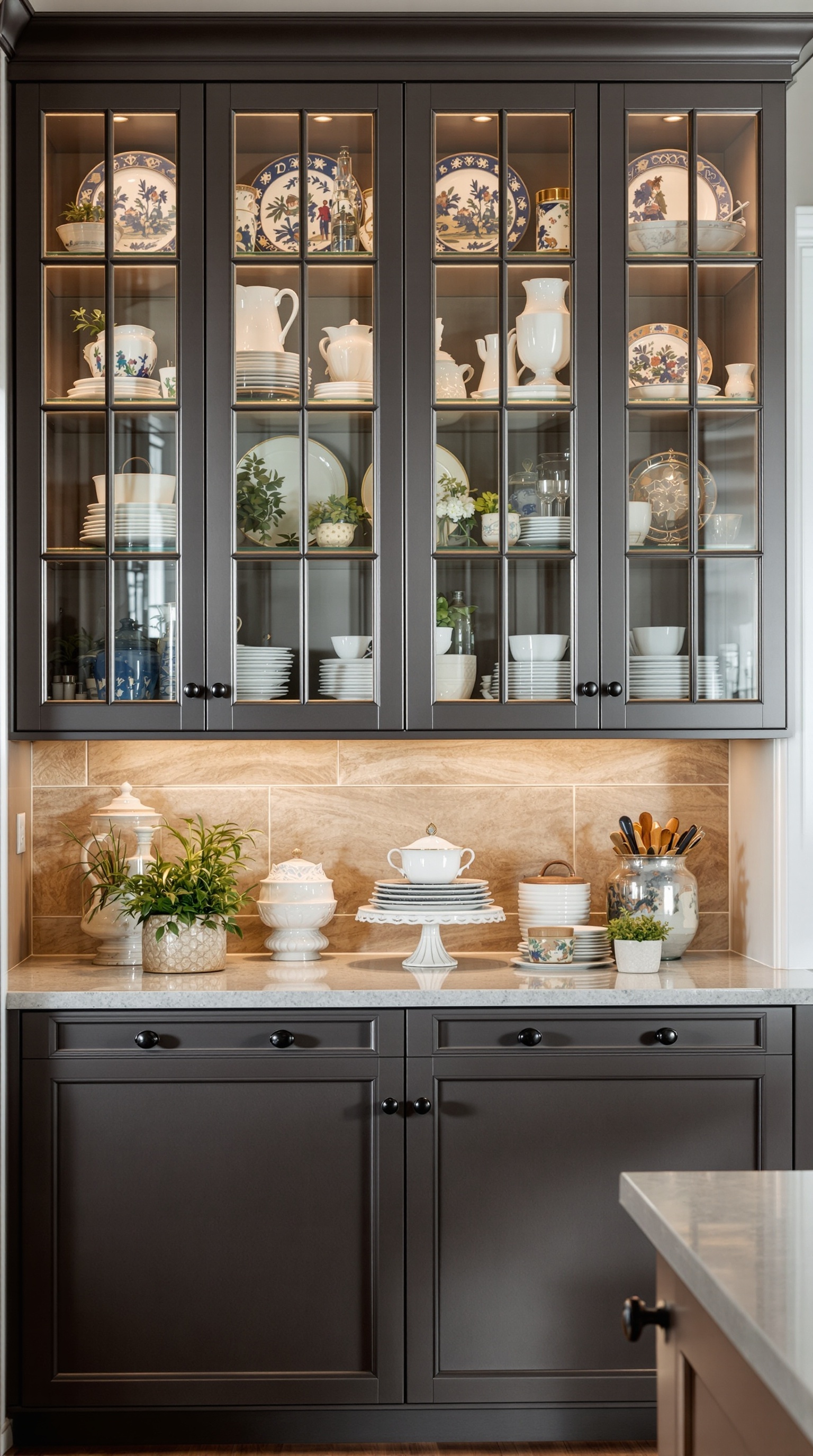 A bright kitchen featuring glass cabinet doors displaying dishware and decorative items.