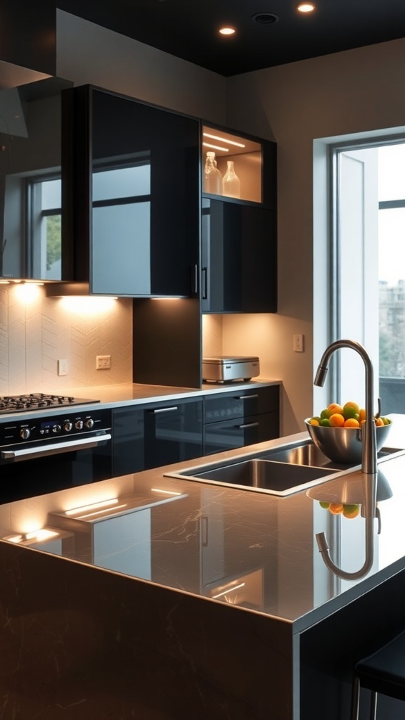 A modern kitchen featuring dark wood cabinetry and a glass countertop with a subtle green tint.