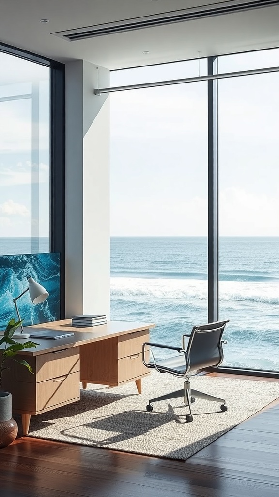 A modern office with large glass windows overlooking the ocean, featuring a wooden desk and a sleek chair.