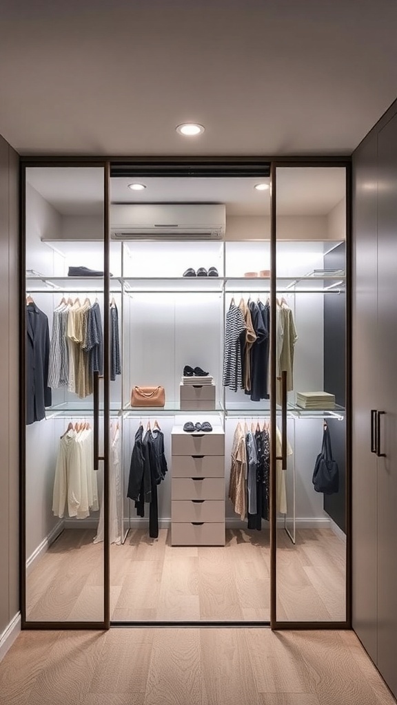 A minimalist walk-in closet featuring a glass door wardrobe with organized clothing and accessories.