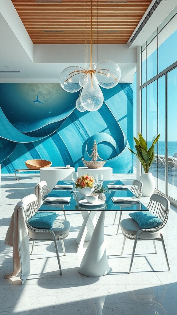 A bright dining area featuring a glass table, colorful decor, and ocean-themed artwork.