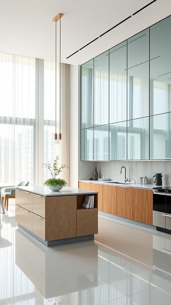 Modern kitchen featuring glass elements and natural light