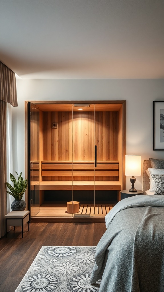 A modern bedroom featuring a glass-enclosed sauna with wooden interior, a cozy bed, and a stylish lamp.
