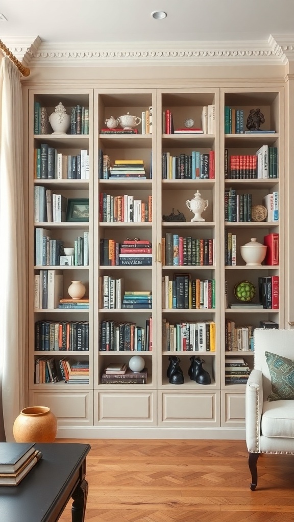 A stylish glass front bookshelf displaying books and decorative items.