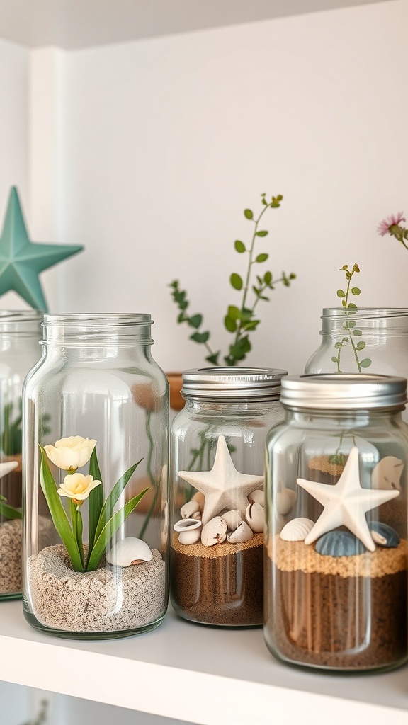 A collection of glass jar terrariums filled with sand, shells, and plants, showcasing a coastal decor theme.