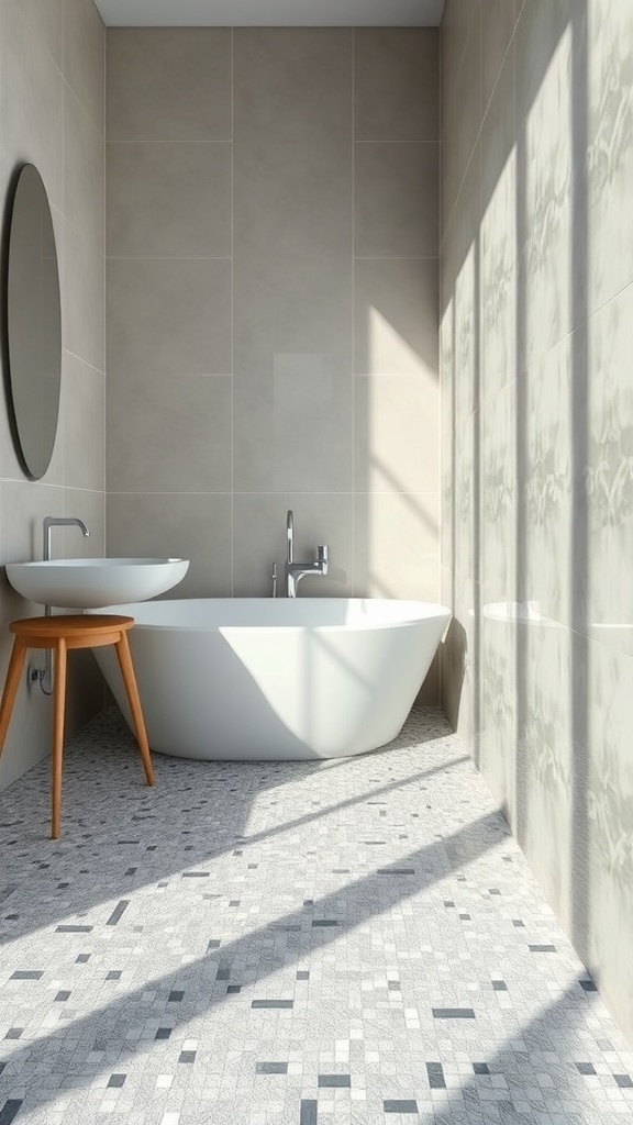 Modern bathroom with glass mosaic tile flooring, a white bathtub, and a round mirror.