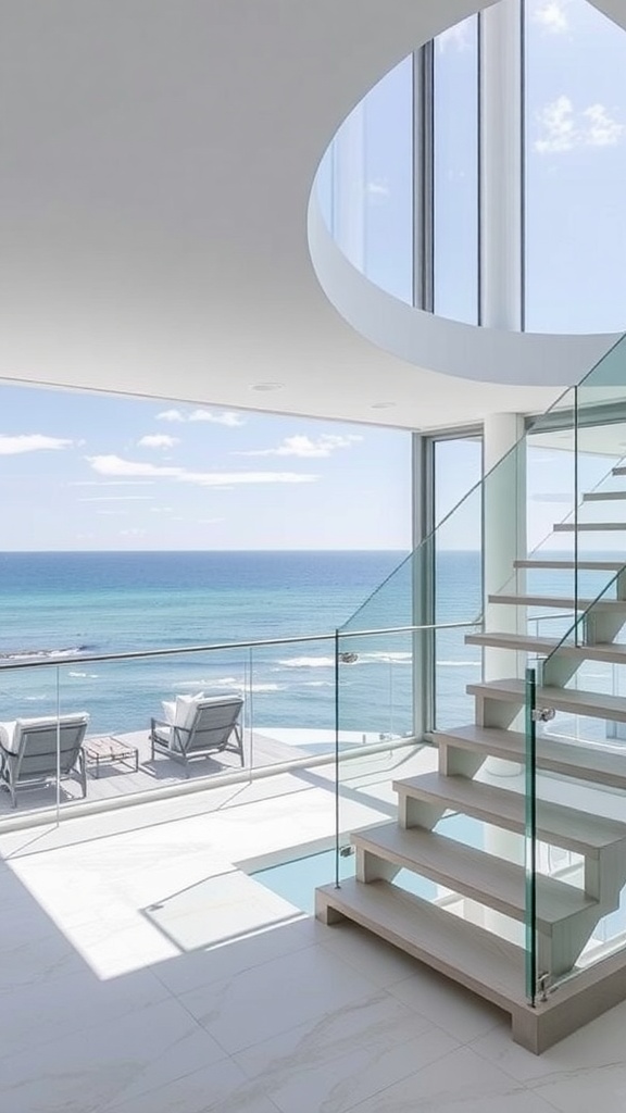A modern staircase with glass railings overlooking the ocean.