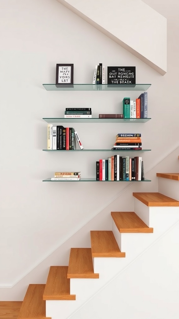 Modern staircase with glass shelves displaying books and decorative items.