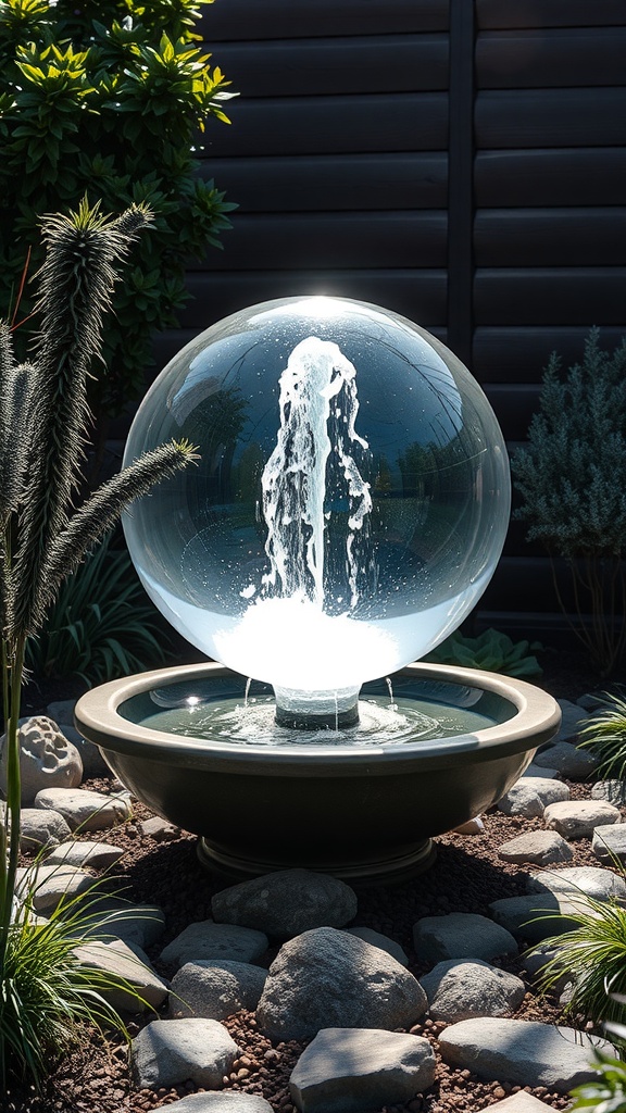 A glass sphere fountain with water flowing from the top, surrounded by plants and stones.