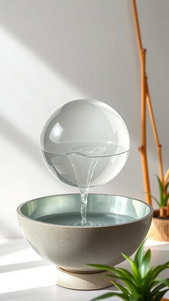 A glass sphere fountain with water flowing into a round basin, surrounded by small plants.