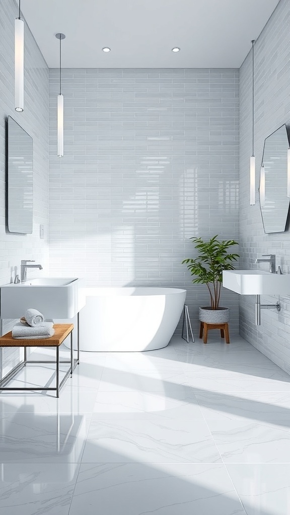 Modern bathroom with glass tiles, featuring a bathtub, sink, and plant decor.