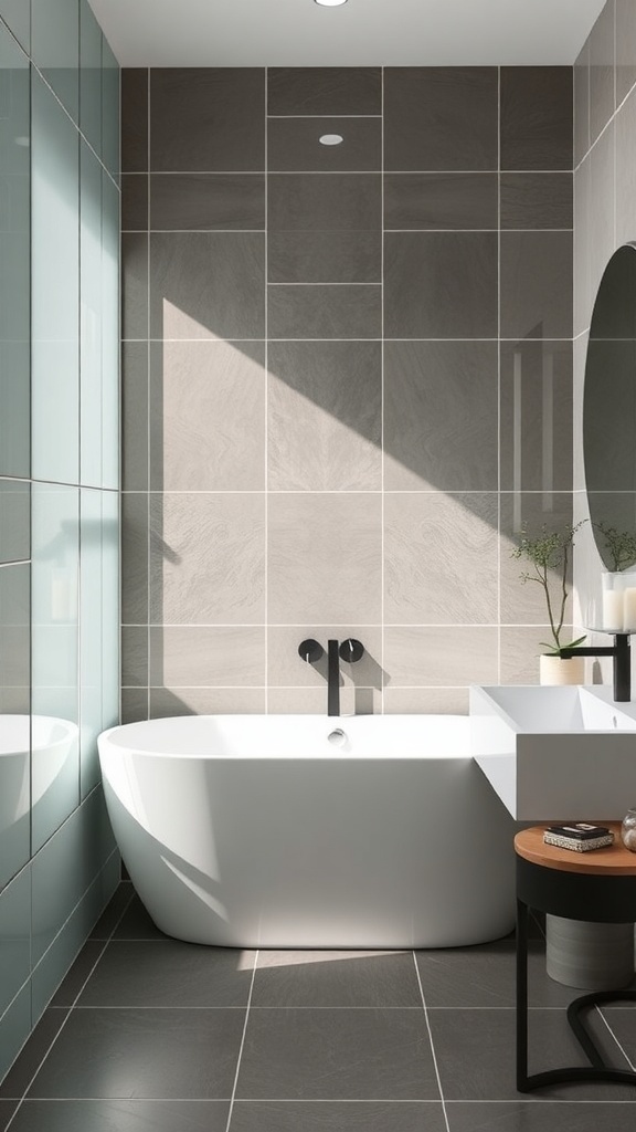 Modern bathroom with glass tiles, freestanding tub, and sleek design.