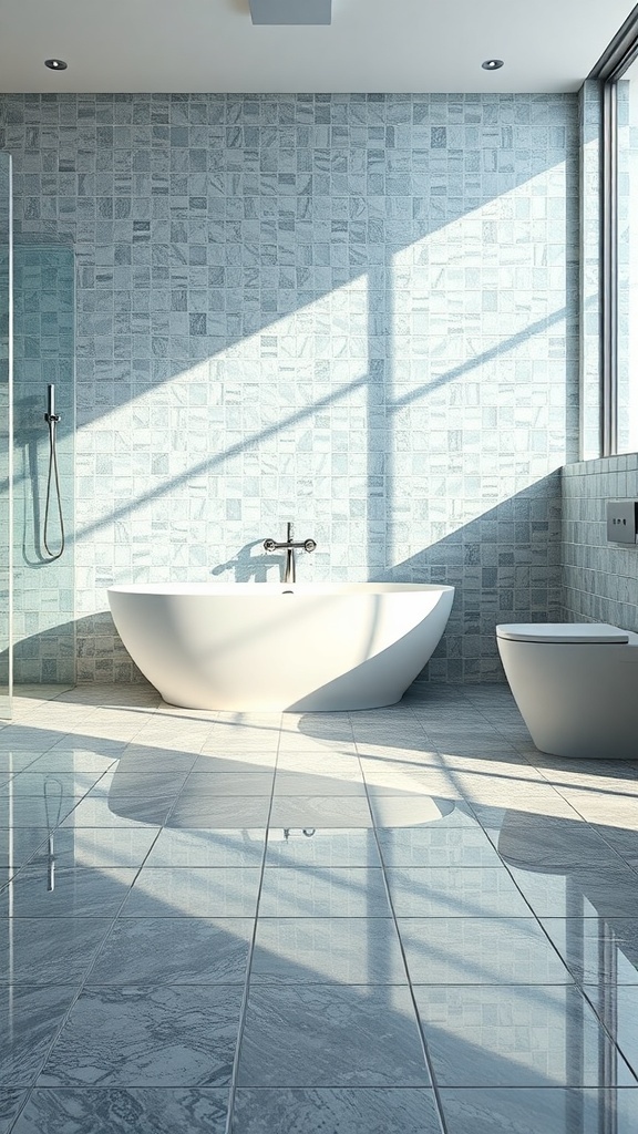 A modern bathroom with glass tiles on the walls, featuring a white bathtub and a sleek design.