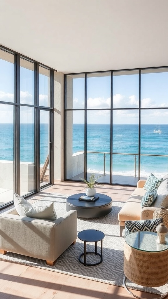 A modern living room with large glass walls showcasing ocean views, featuring a cozy sofa, coffee table, and decorative elements.