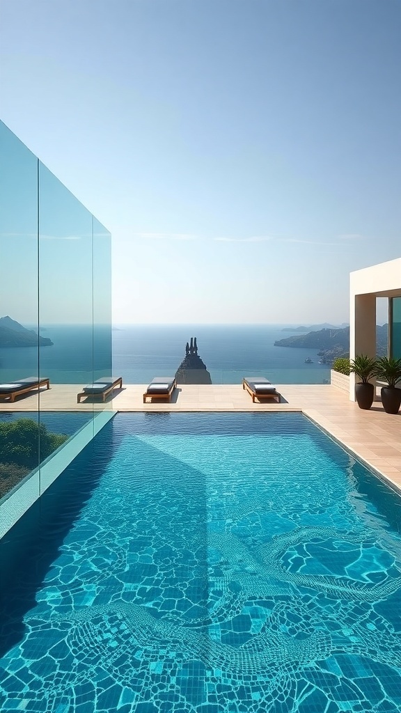 Ein moderner Pool mit Glaswänden und Blick auf das Meer