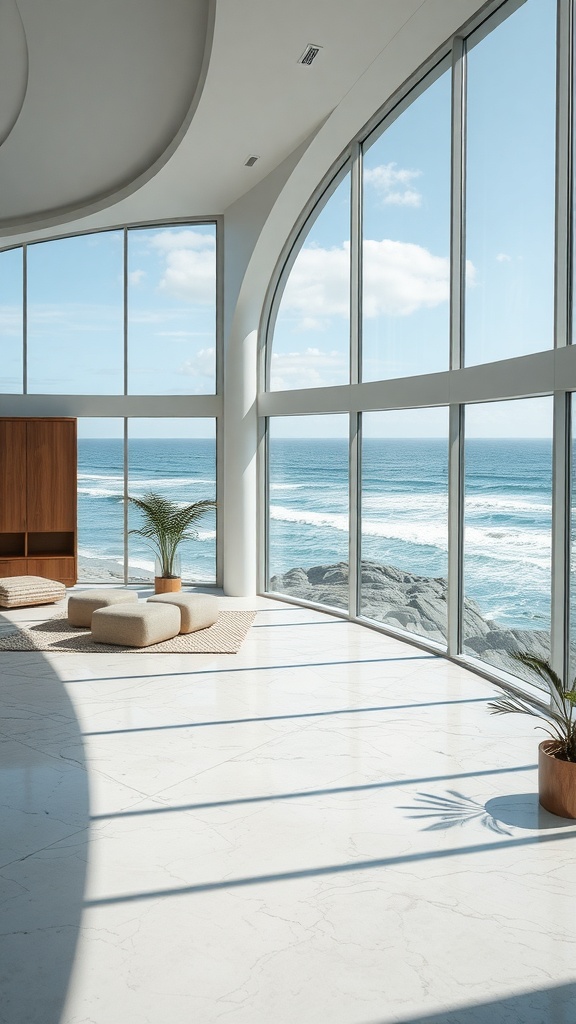 A spacious interior with large glass walls overlooking the ocean.