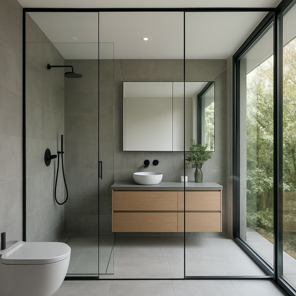 Modernes Badezimmer mit Glaswänden, freistehender Badewanne und großen Fenstern