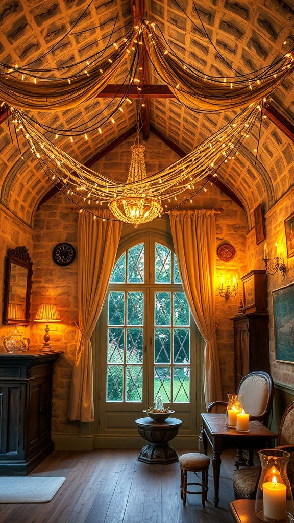 A cozy room with fairy lights draped across the ceiling, creating a warm and enchanting atmosphere.