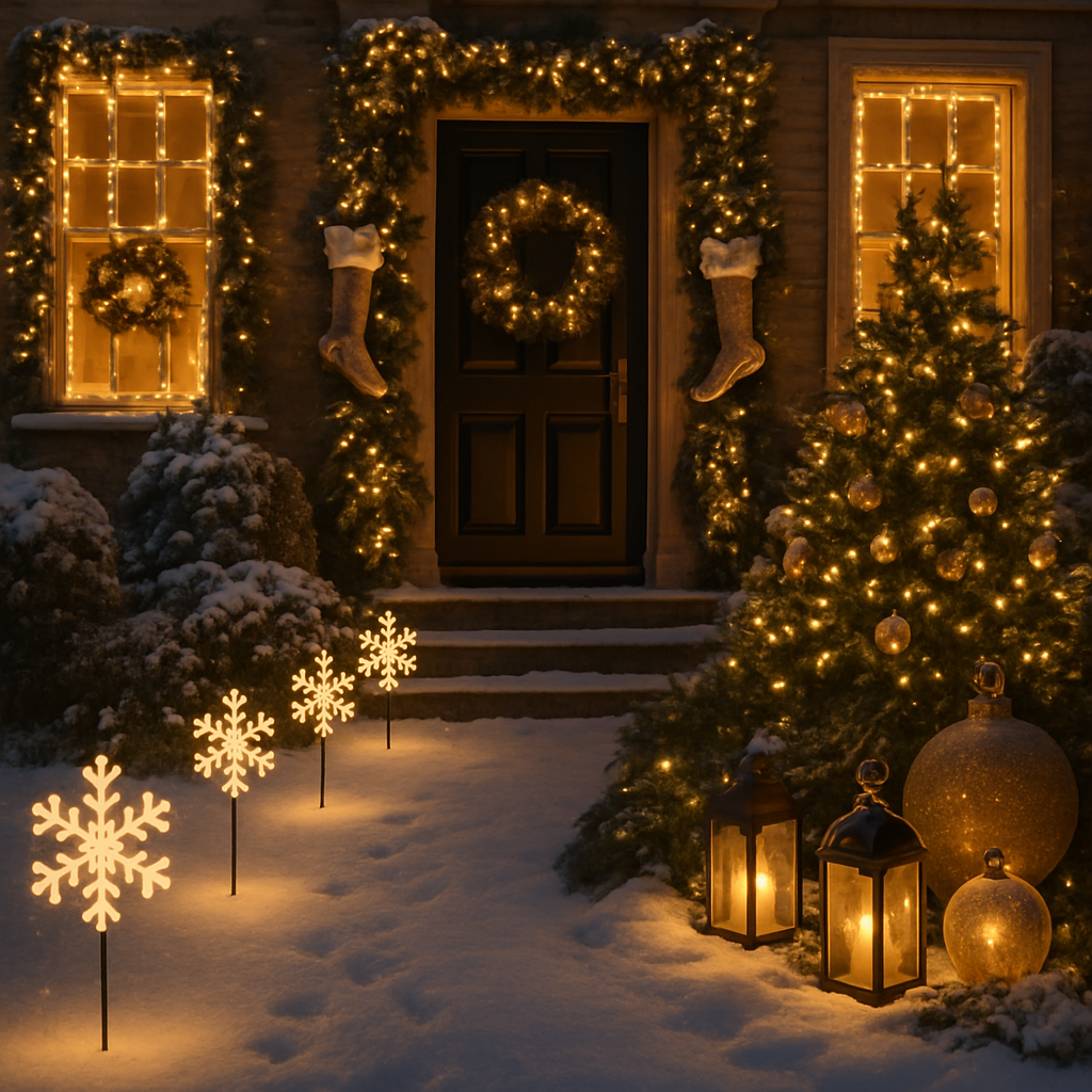 Pathway lined with glowing snowflake markers leading to a decorated front door