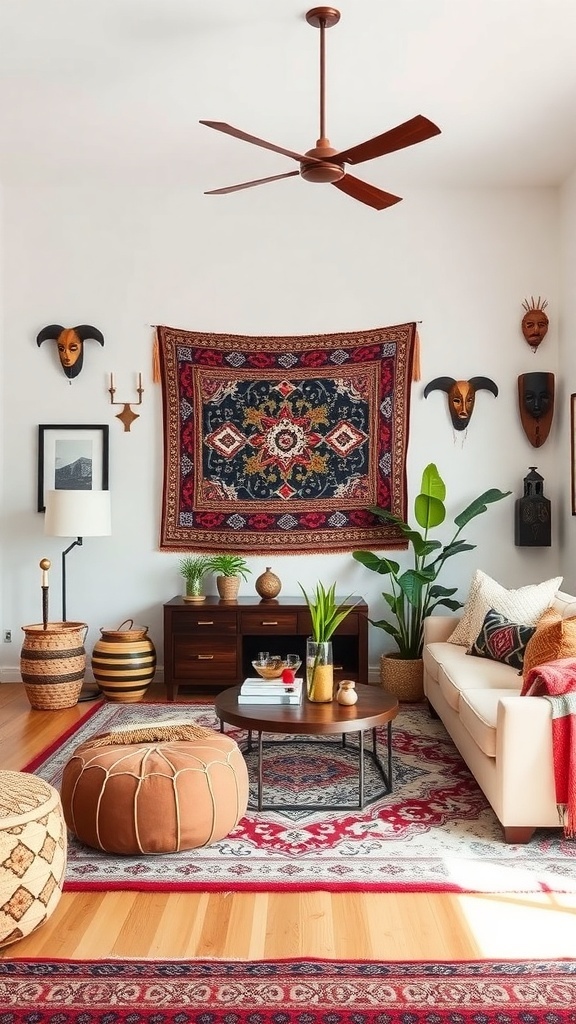 A cozy living room featuring a colorful tapestry, poufs, and plants, showcasing global-inspired decor.