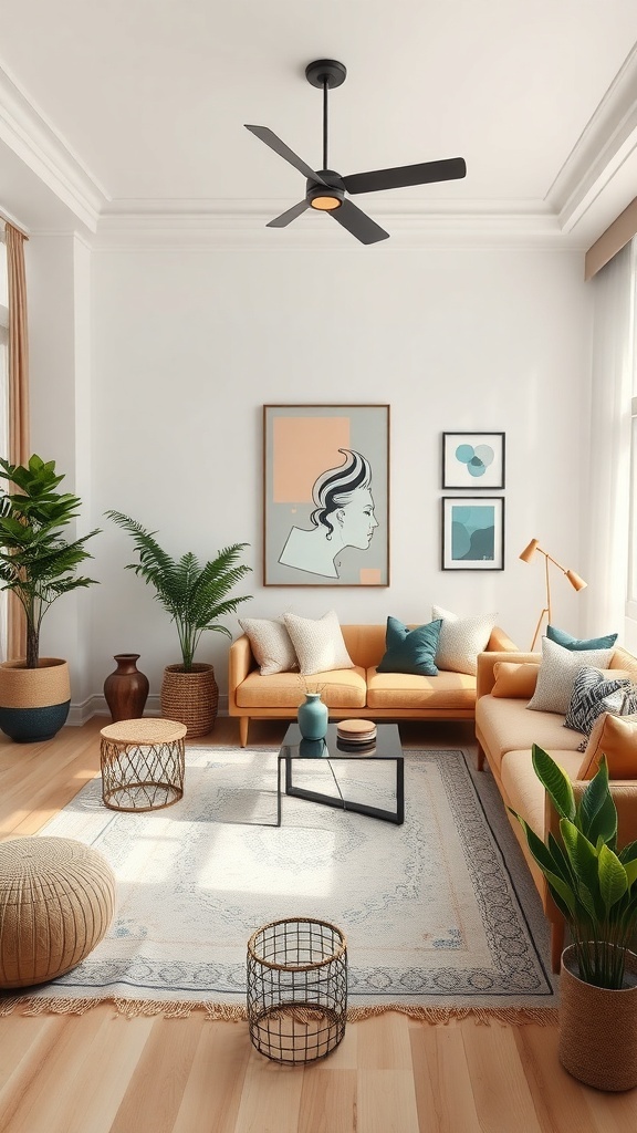 A cozy living room featuring an orange sofa, plants, and cultural artwork.